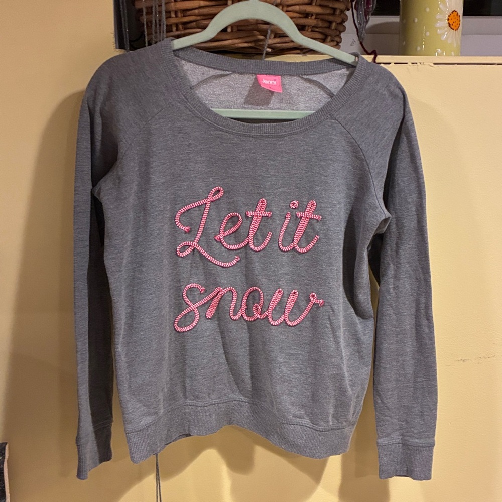 Jenni Gray Cozy Long Sleeve Tee  Let It Snow Script Embroidery New Without Tags